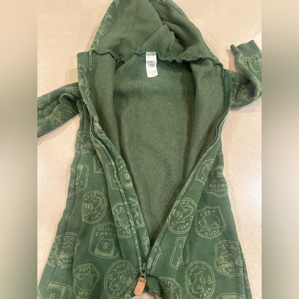 Carter's Boy 24 Month Hooded One Piece Outfit Jumpsuit Green Wilderness Camping - Picture 5 of 7